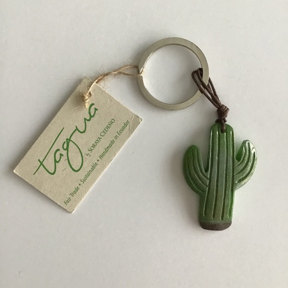 💚 NEW Green Cactus Key Ring Chain Carved Tagua Nut Ecuador West Desert Cowgirl - Picture 7 of 9